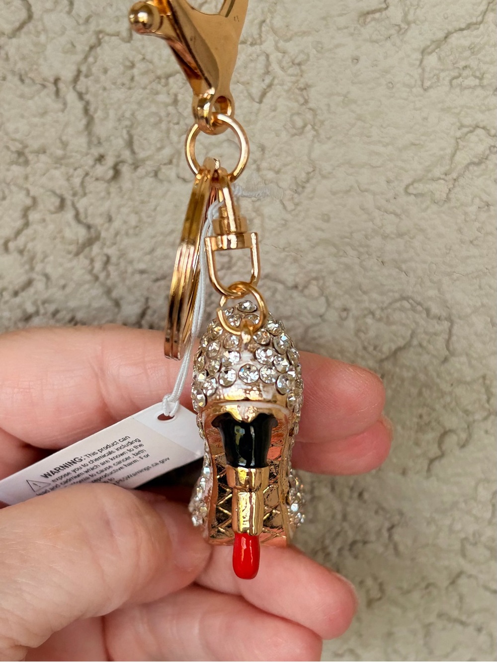 Bougie Gold Crystal High Heel Keychain with Red Lipstick Accent - Picture 8 of 9